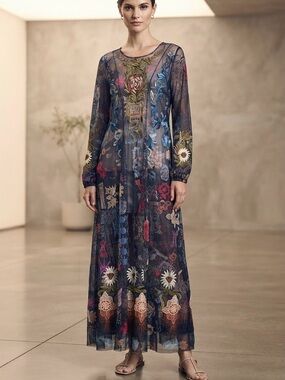 Johnny Was Navy Sheer Maxi Dress with Multicolor Floral Embroidery